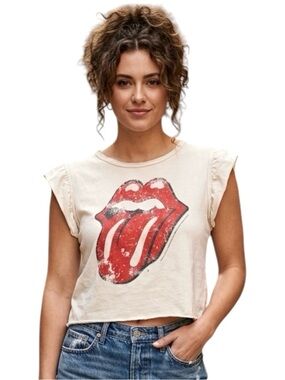 Amplified Rolling Stones Ruffle Sleeve Cream Cropped Raw Edge T Shirt Size Large